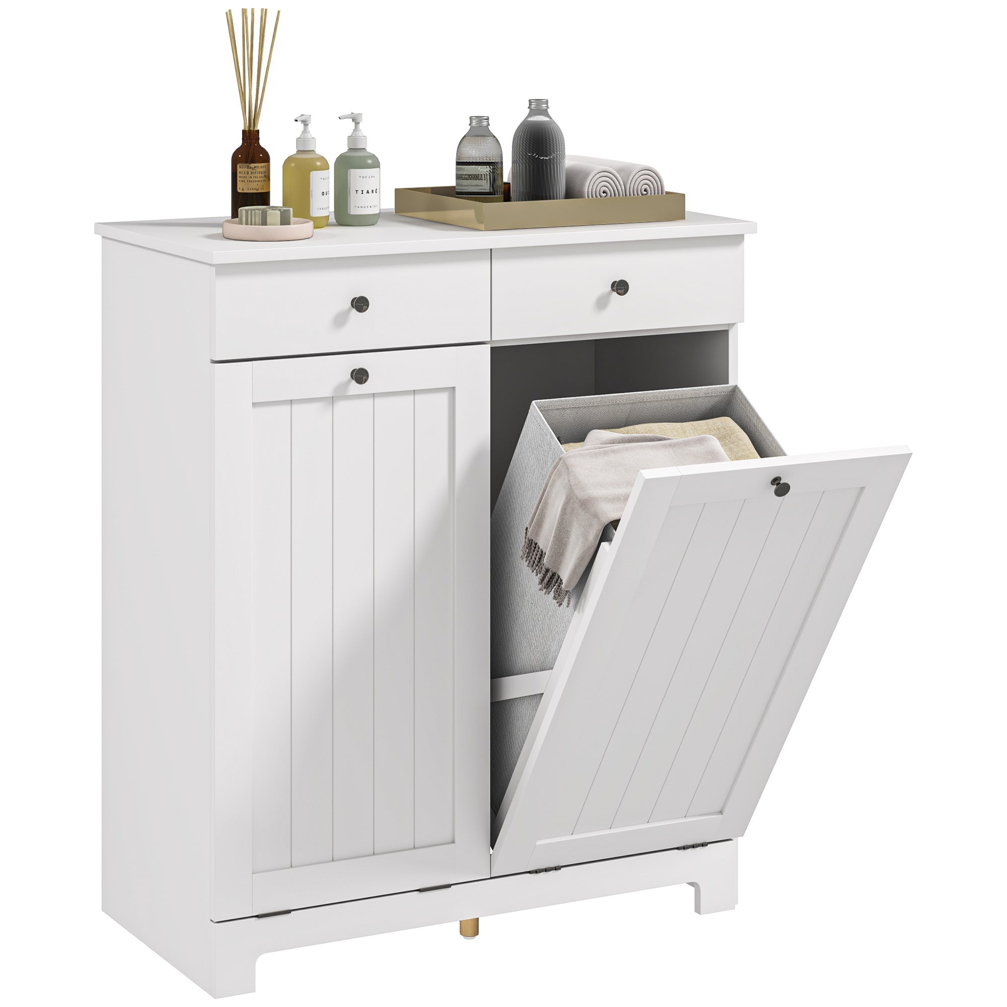 Laundry Hamper Cabinet with 2 Tilt-Out Baskets and 2 Drawers, White