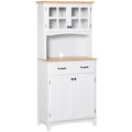 Freestanding Kitchen Cupboard, Kitchen Storage Cabinet with Framed Glass Doors, 2 Drawers, Microwave Counter, 172cm, White