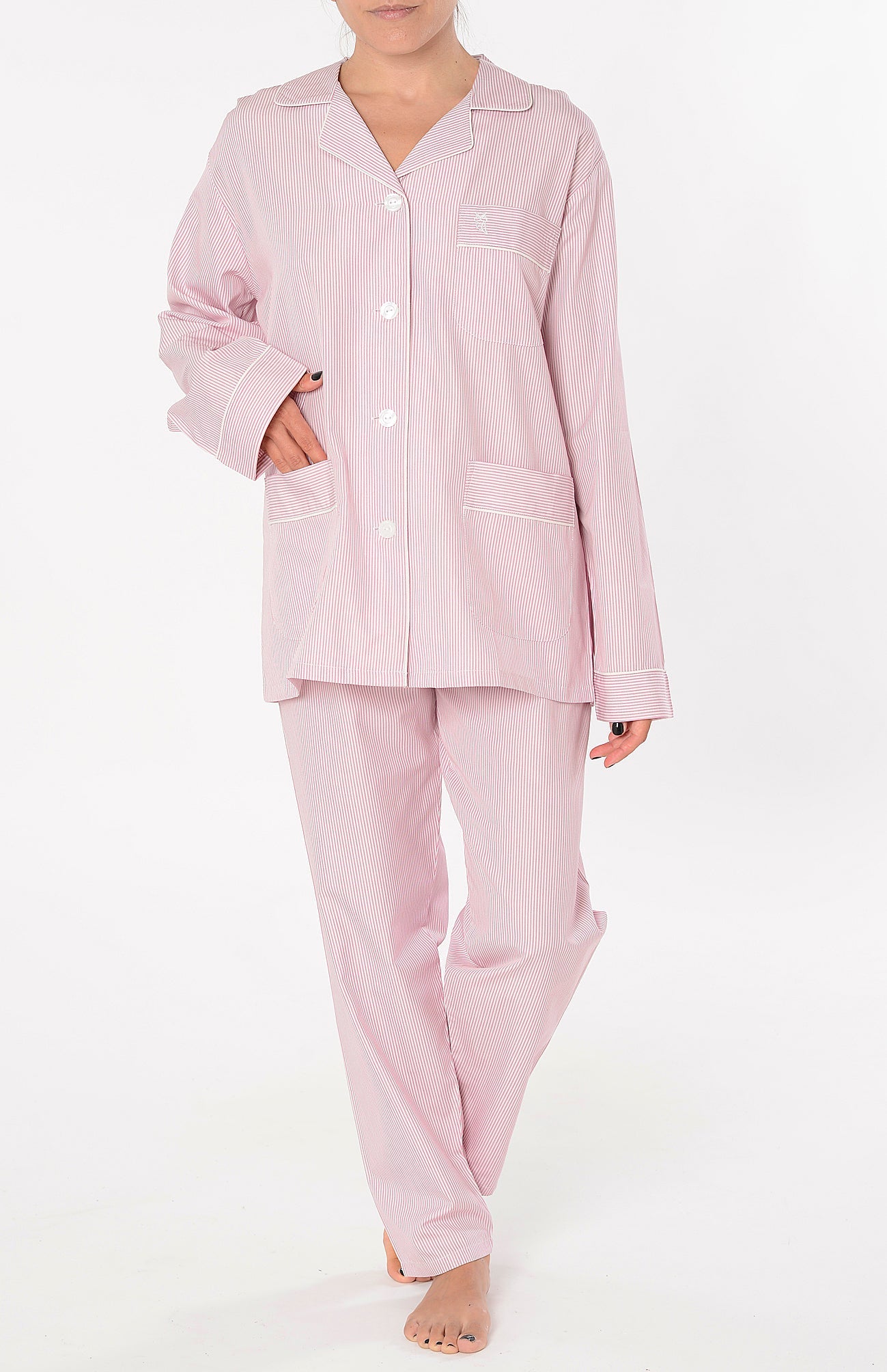 Pijama Mujer Largo Solapa Algodón Popelín Rayas - Rosa 0202_94