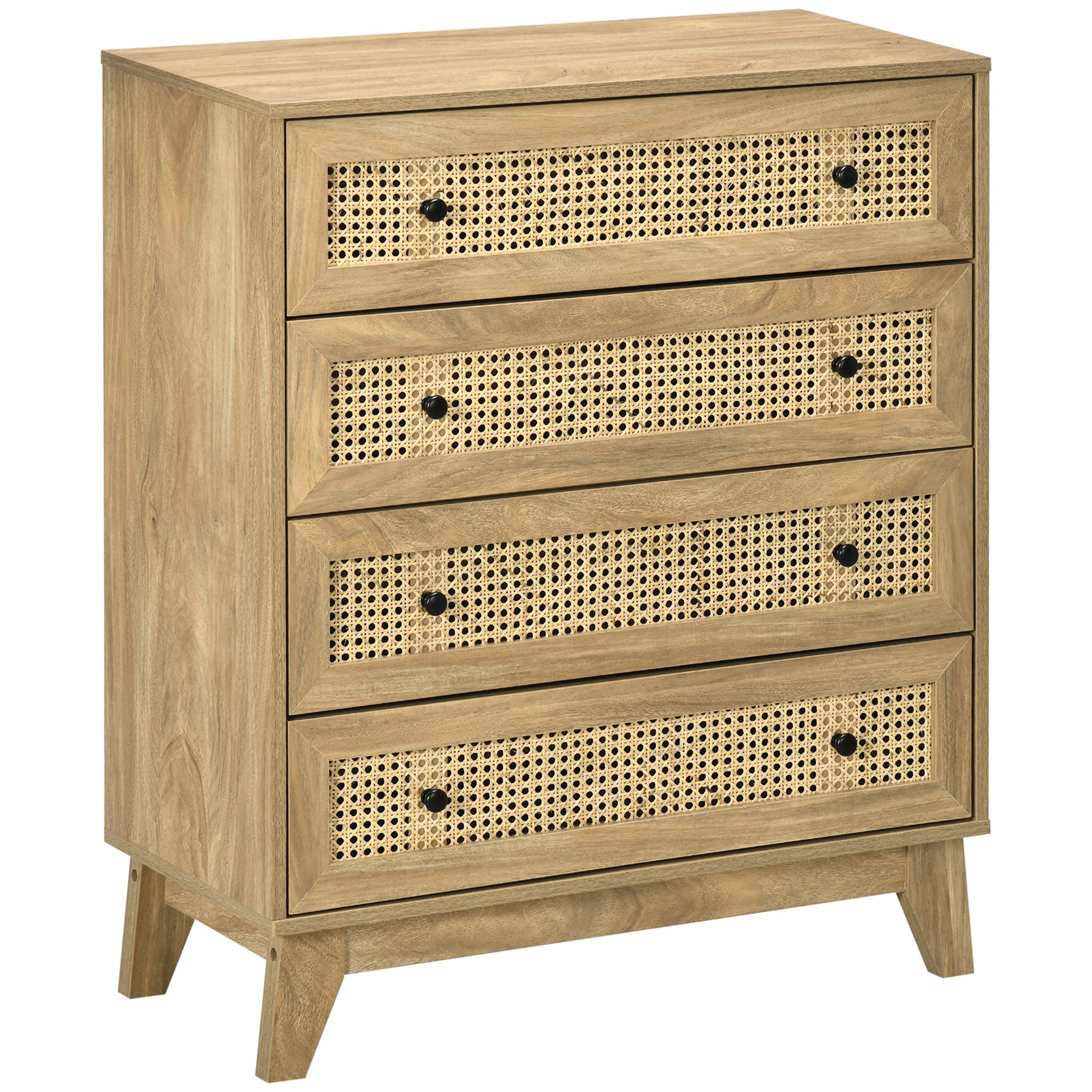 4-Drawer Storage Organiser Unit with Rattan Element for Bedroom, Living Room, Wood Effect
