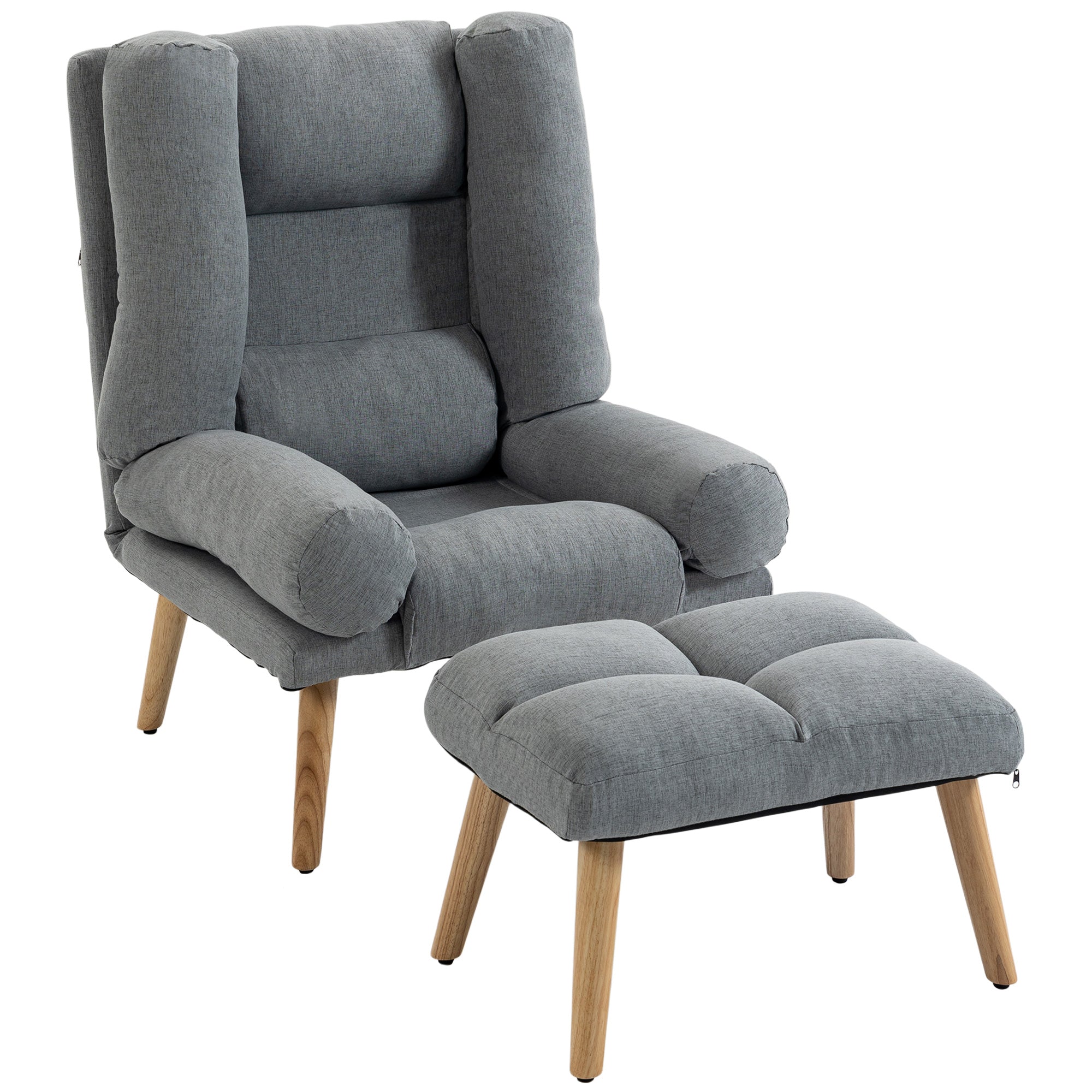 Grey Linen-Look Recliner Chair with Adjustable Backrest, Thick Cushion & Wooden Legs