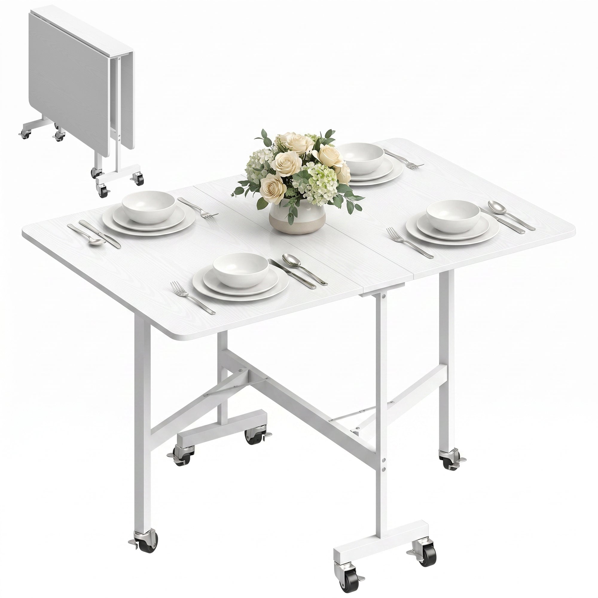 47.2" Mobile Drop Leaf Folding Dining Table with 6 Wheels & Brakes, White