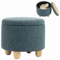 Round Storage Ottoman with Lid & Rubberwood Legs, Burlap Fabric Footstool for Bedroom or Living Room, 38.5 x 38.5 cm, Dark Blue