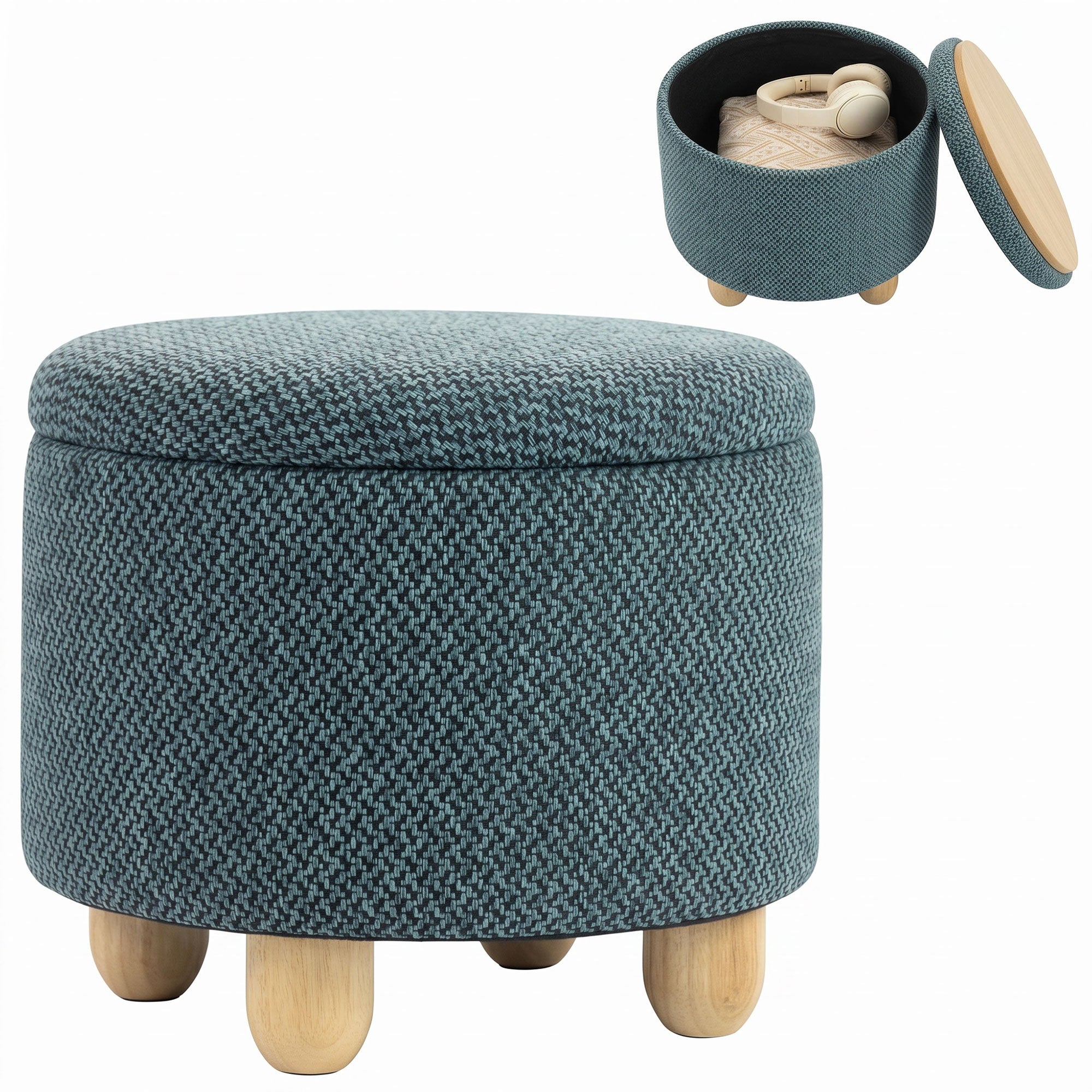 Round Storage Ottoman with Lid & Rubberwood Legs, Burlap Fabric Footstool for Bedroom or Living Room, 38.5 x 38.5 cm, Dark Blue