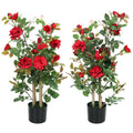 90cm Artificial Rose Tree Set of 2, Decorative Fake Plant with 344 Silk Leaves and 17 Flowers, UV-Resistant Faux Tree for Outdoor Indoor Garden Porch Decor, Red