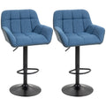 Set of 2 Adjustable Linen Bar Stools with Armrests, Dark Blue