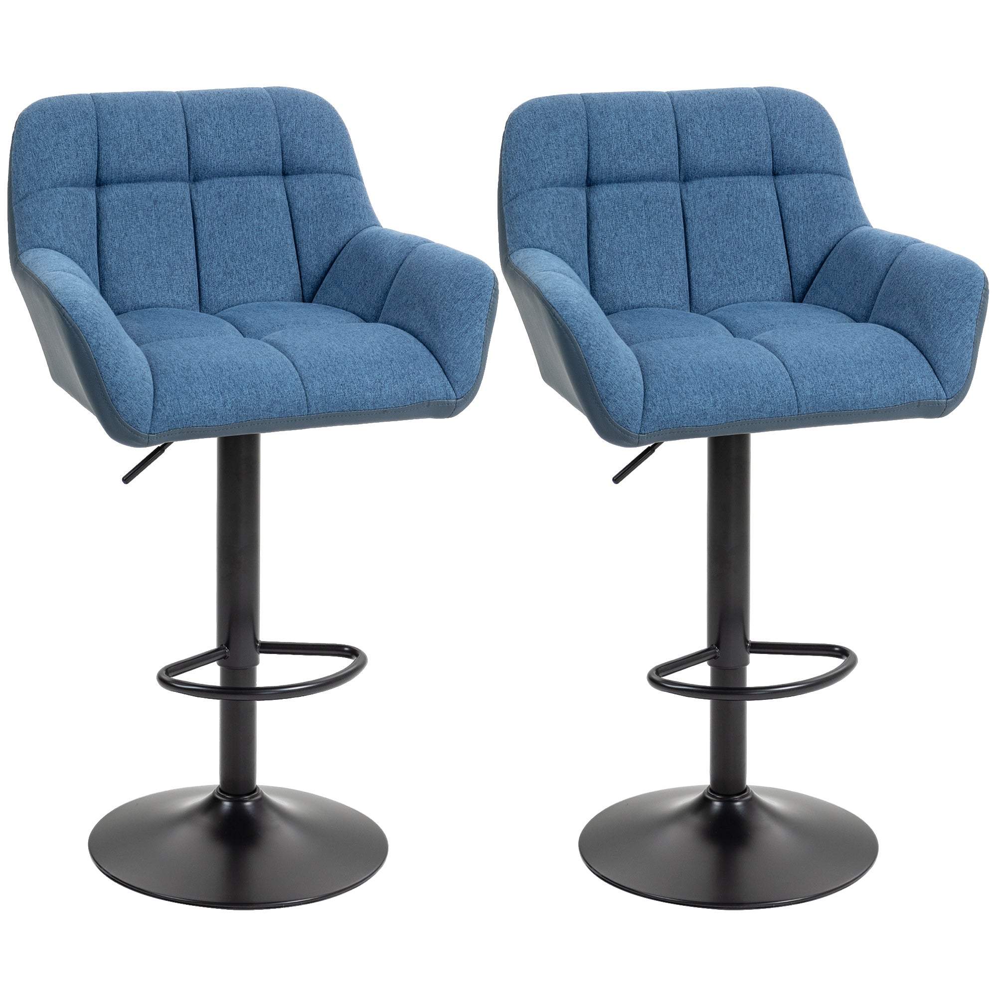 Set of 2 Adjustable Linen Bar Stools with Armrests, Dark Blue