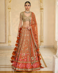 Orange Organza Multicolour Thread And Mirror Hand Embroidered Lehenga Set By KYNAH, Luxury Indian Fashion & Bridal Wear