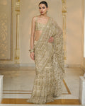 Cream and Beige Ruffle Sari Set By KYNAH, Luxury Indian Fashion & Bridal Wear