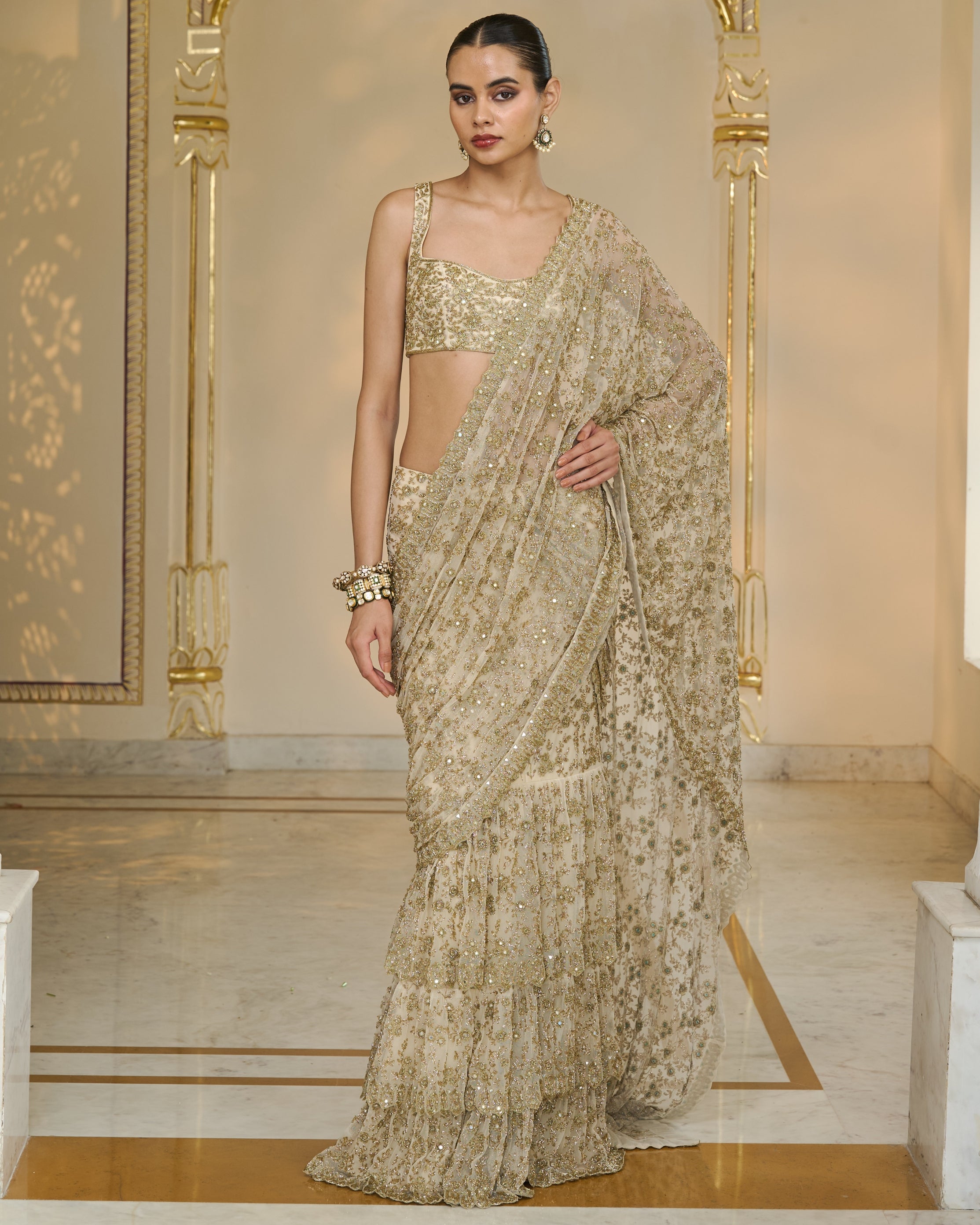 Cream and Beige Ruffle Sari Set By KYNAH, Luxury Indian Fashion & Bridal Wear