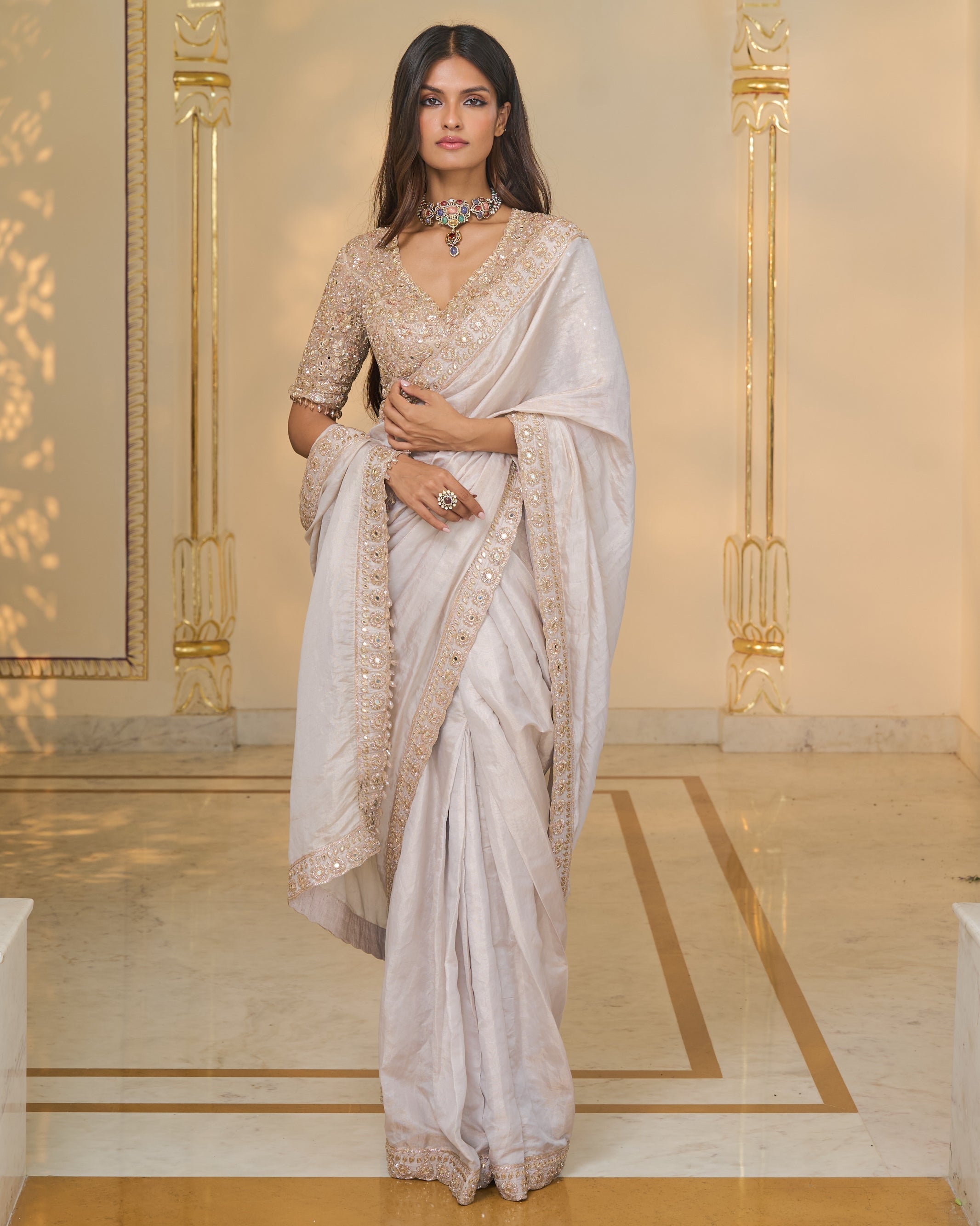 Rose Gold Tissue Hand Embroidered Classic Sari Set By KYNAH, Luxury Indian Fashion & Bridal Wear