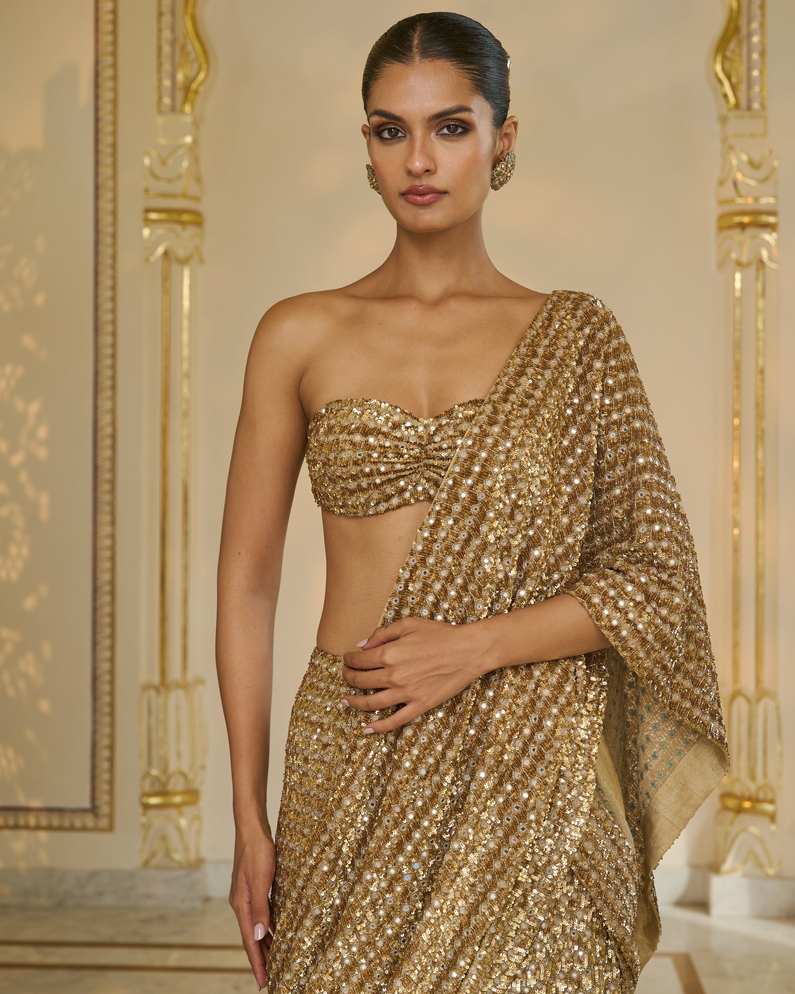All Gold Sequin Hand Embroidered Sari Set By KYNAH, Luxury Indian Fashion & Bridal Wear