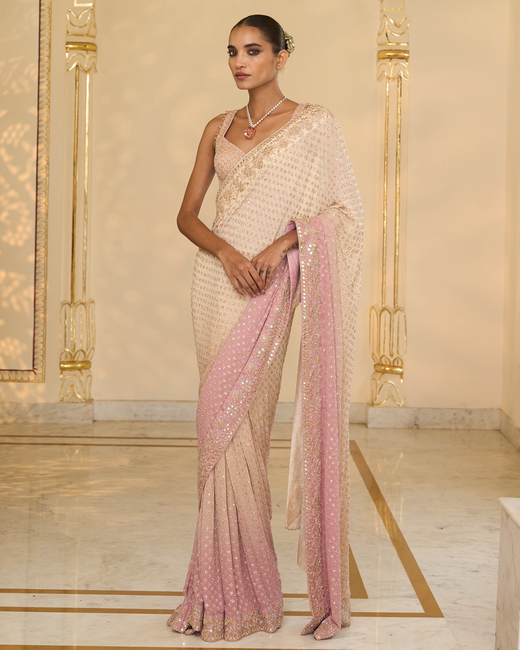 Pink Shaded Hand Embroidered Star Sari Set By KYNAH, Luxury Indian Fashion & Bridal Wear