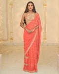 Warm Coral Ruffle Sari Set By KYNAH, Luxury Indian Fashion & Bridal Wear