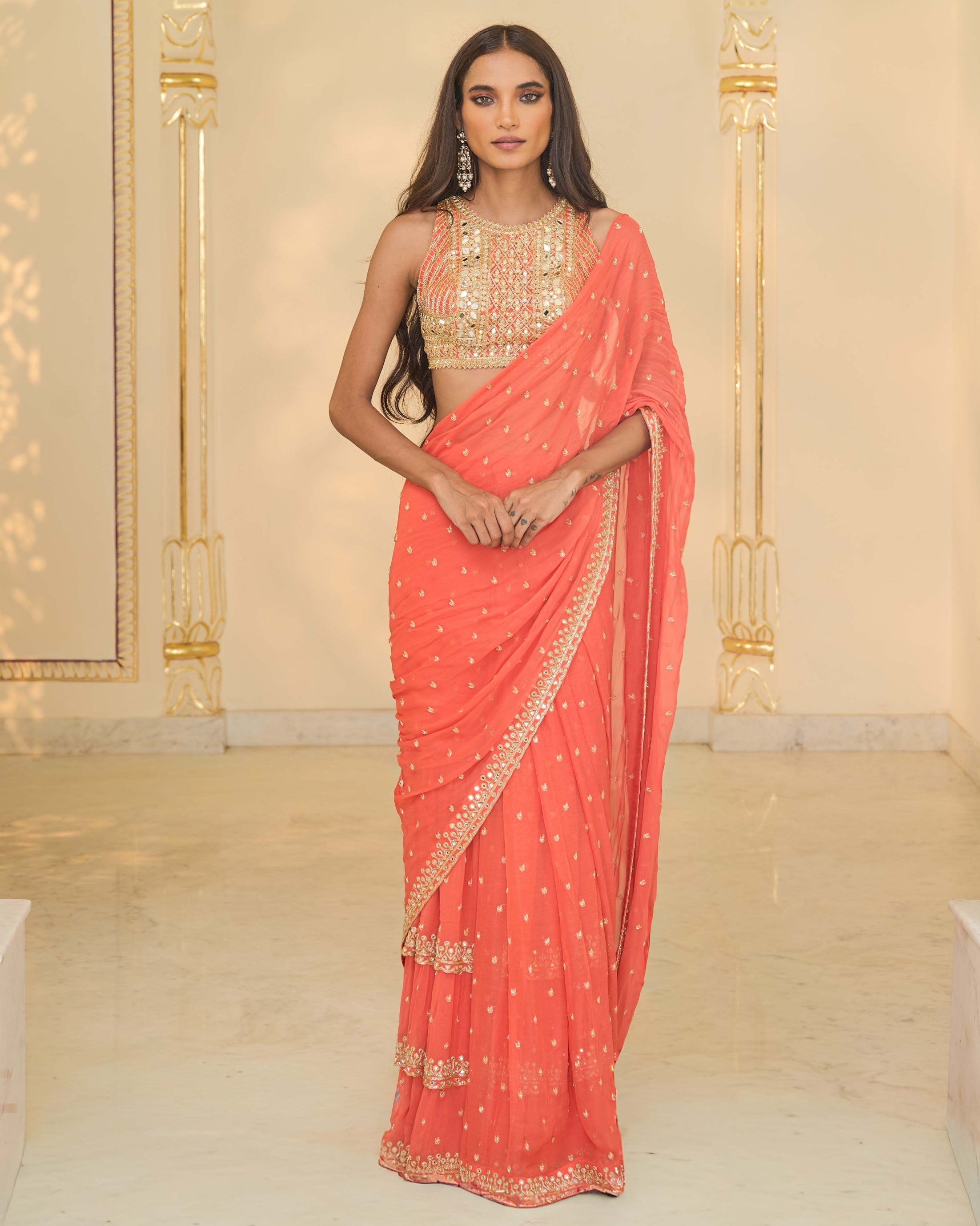 Warm Coral Ruffle Sari Set By KYNAH, Luxury Indian Fashion & Bridal Wear