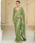 Warm Olive Shand Embroidred Star Sari Set By KYNAH, Luxury Indian Fashion & Bridal Wear