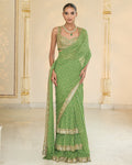 Warm Olive Hand Embroidered Ruffle Sari Set By KYNAH, Luxury Indian Fashion & Bridal Wear