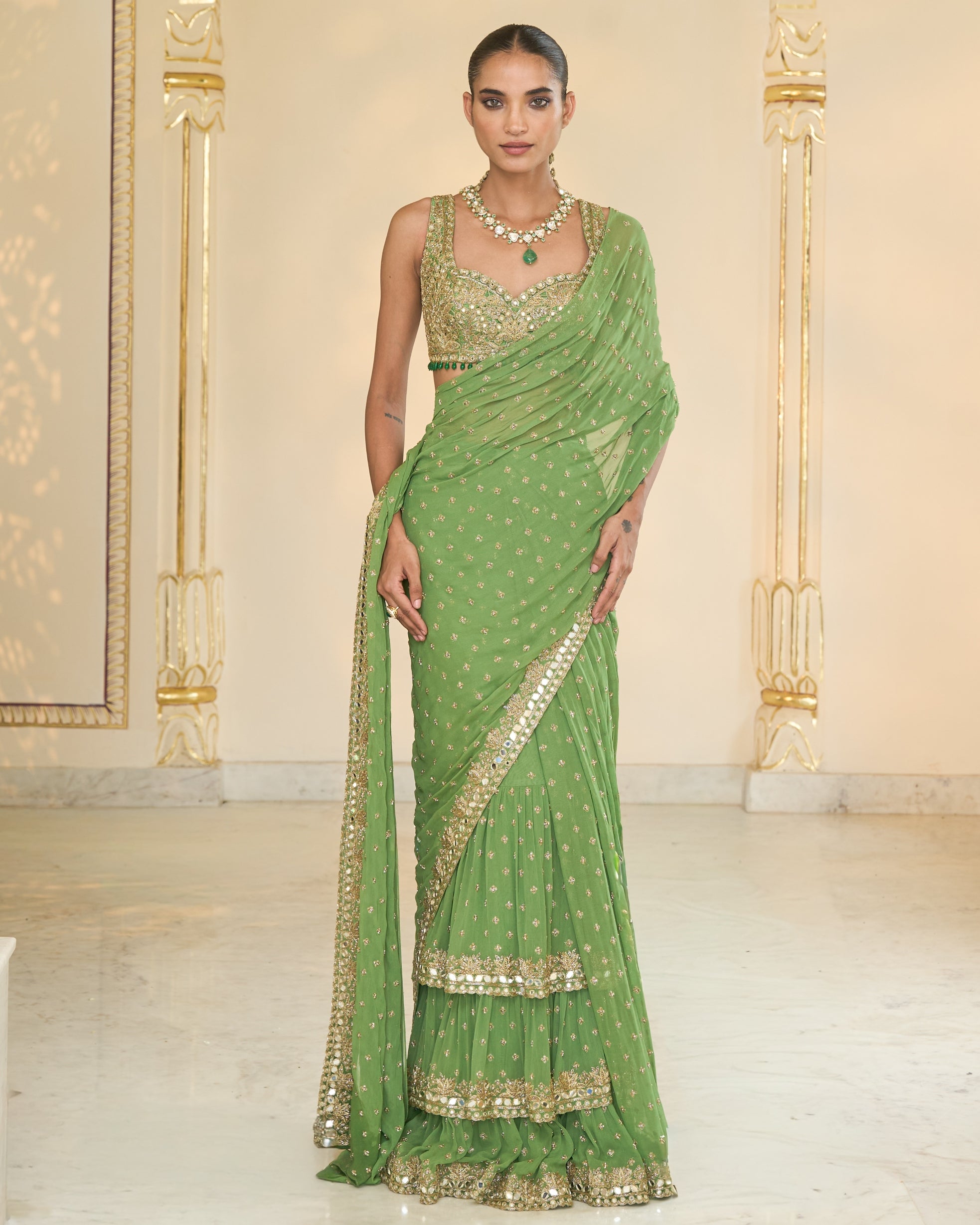 Warm Olive Hand Embroidered Ruffle Sari Set By KYNAH, Luxury Indian Fashion & Bridal Wear