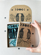 Rubber stamp set of Ravens with branch and moon phases