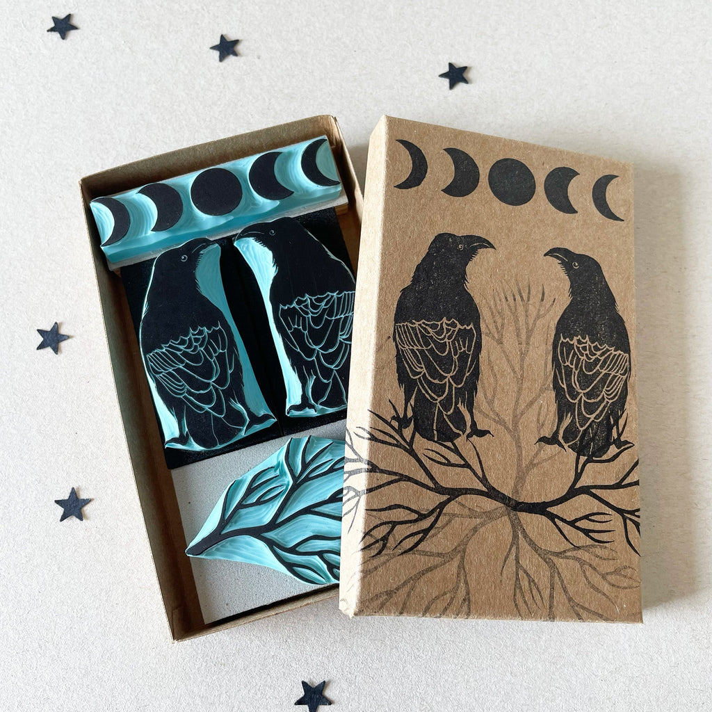 Rubber stamp set of Ravens with branch and moon phases