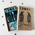 Rubber stamp set of Ravens with branch and moon phases
