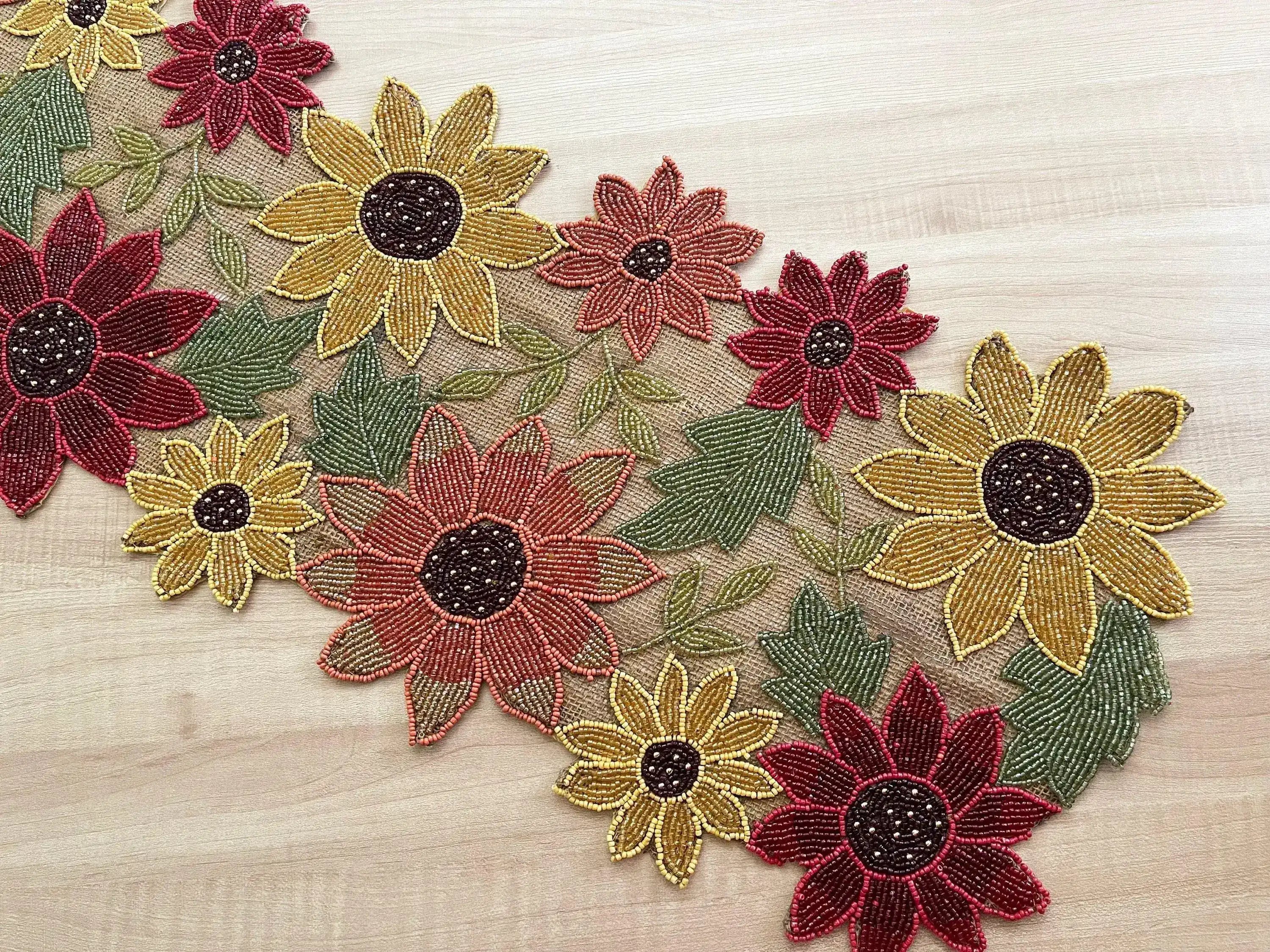 Red and Gold Floral Spring Beaded Table Runner