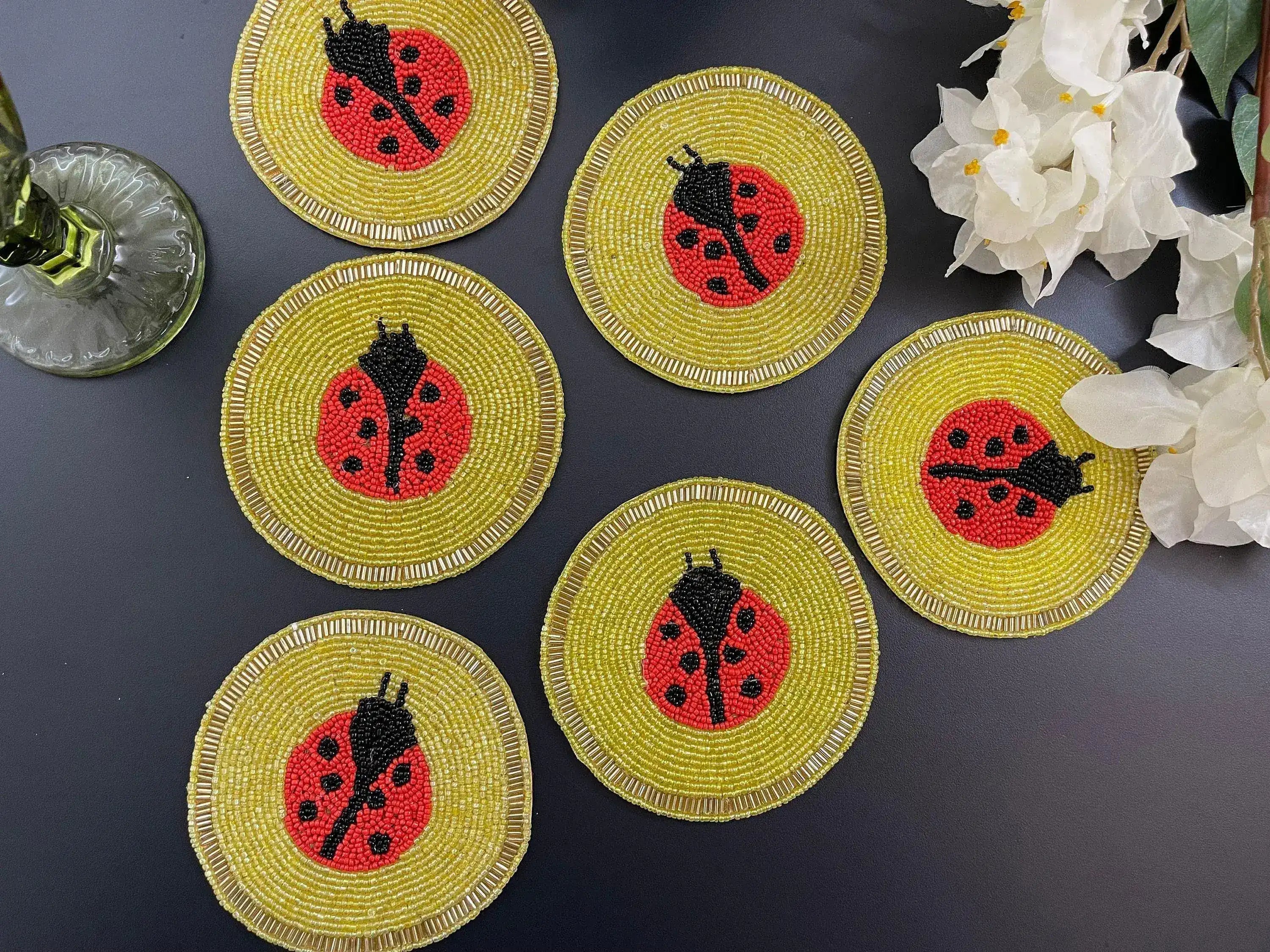 Red and Yellow Lady Bug Beaded Coasters - Set of 6