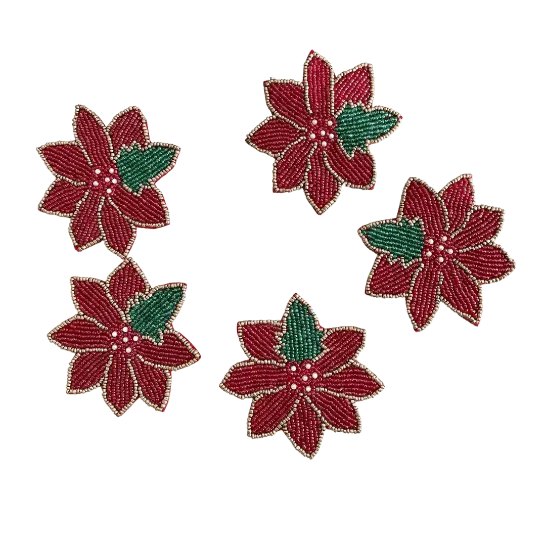 Red Christmas Blossom Beaded Coasters - Set of 6