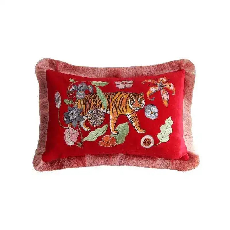Red Embroidered  Tiger Lumbar Pillow Cover with Fringes