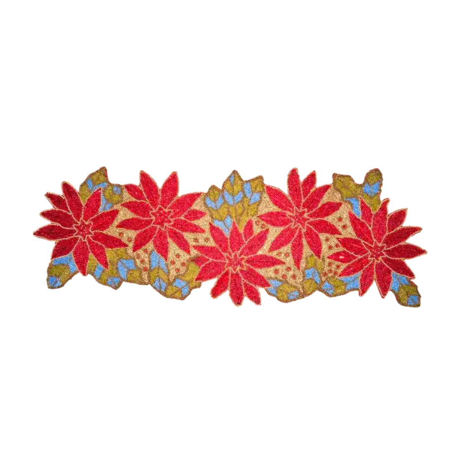 Red Floral Golden Beaded Table Runner