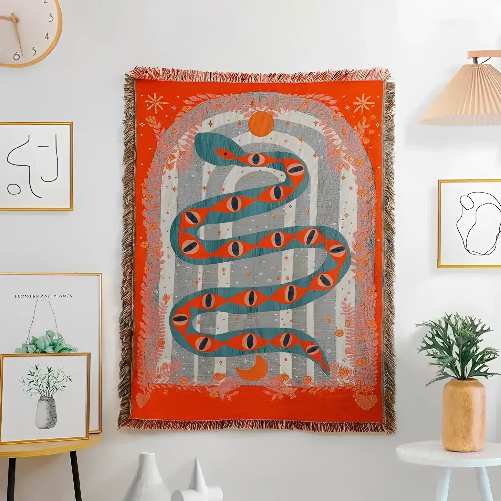 Red Magic Eye Snake Tapestry with Fringes
