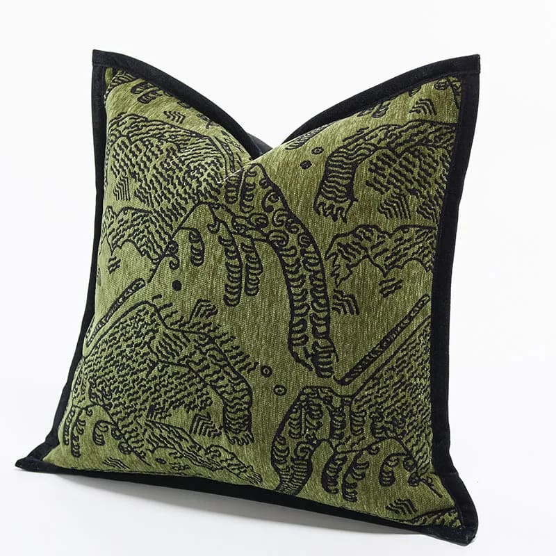 Retro Green Tiger Patterned Jacquard Cushion Cover