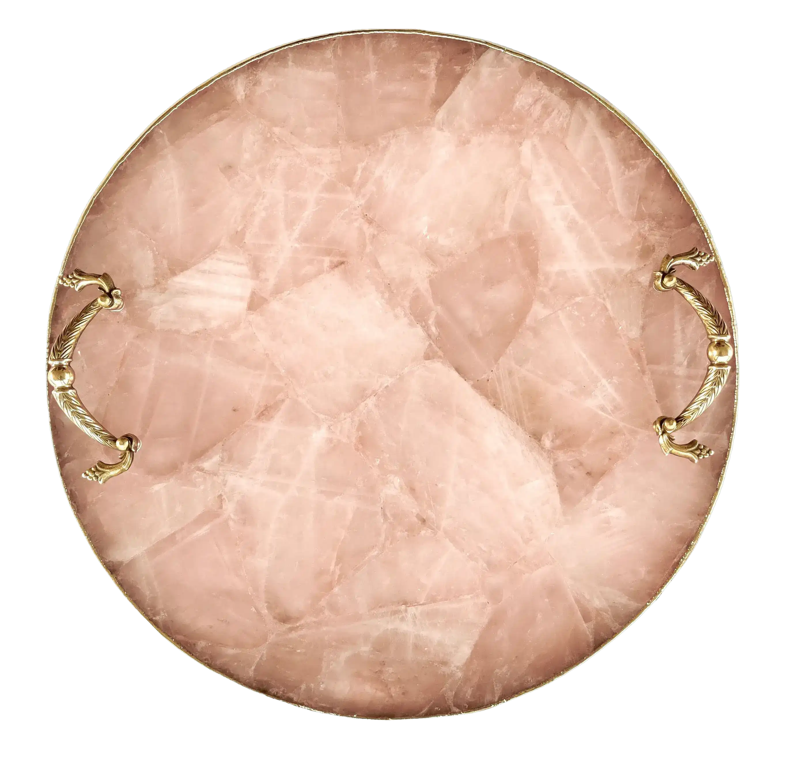 Rose Quartz Agate Round Serving Tray With Brass Handles