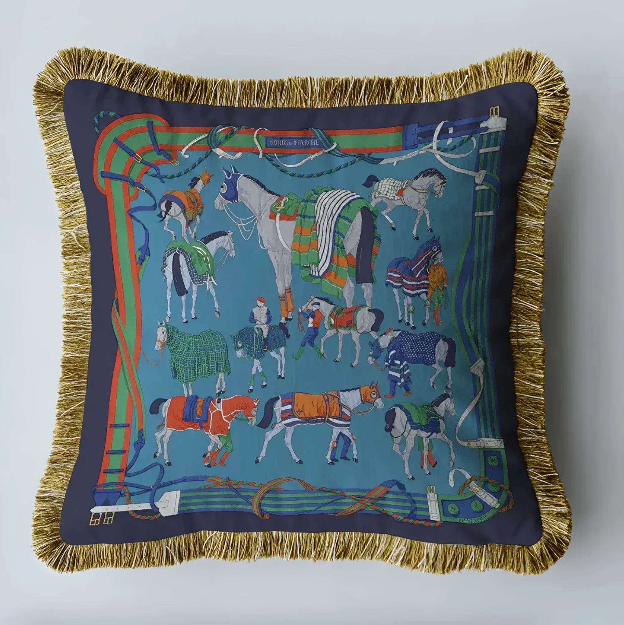 Royal Dressage Horse Velvet Throw Pillow Cover with Fringes