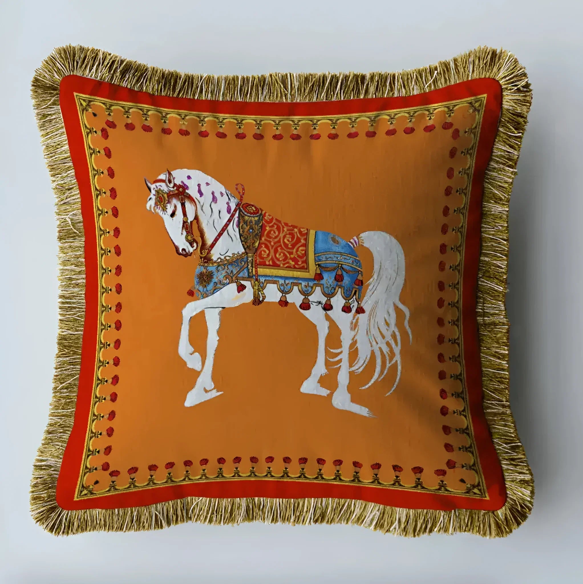 Royal Euro Horse Velvet Throw Pillow Cover with Fringes