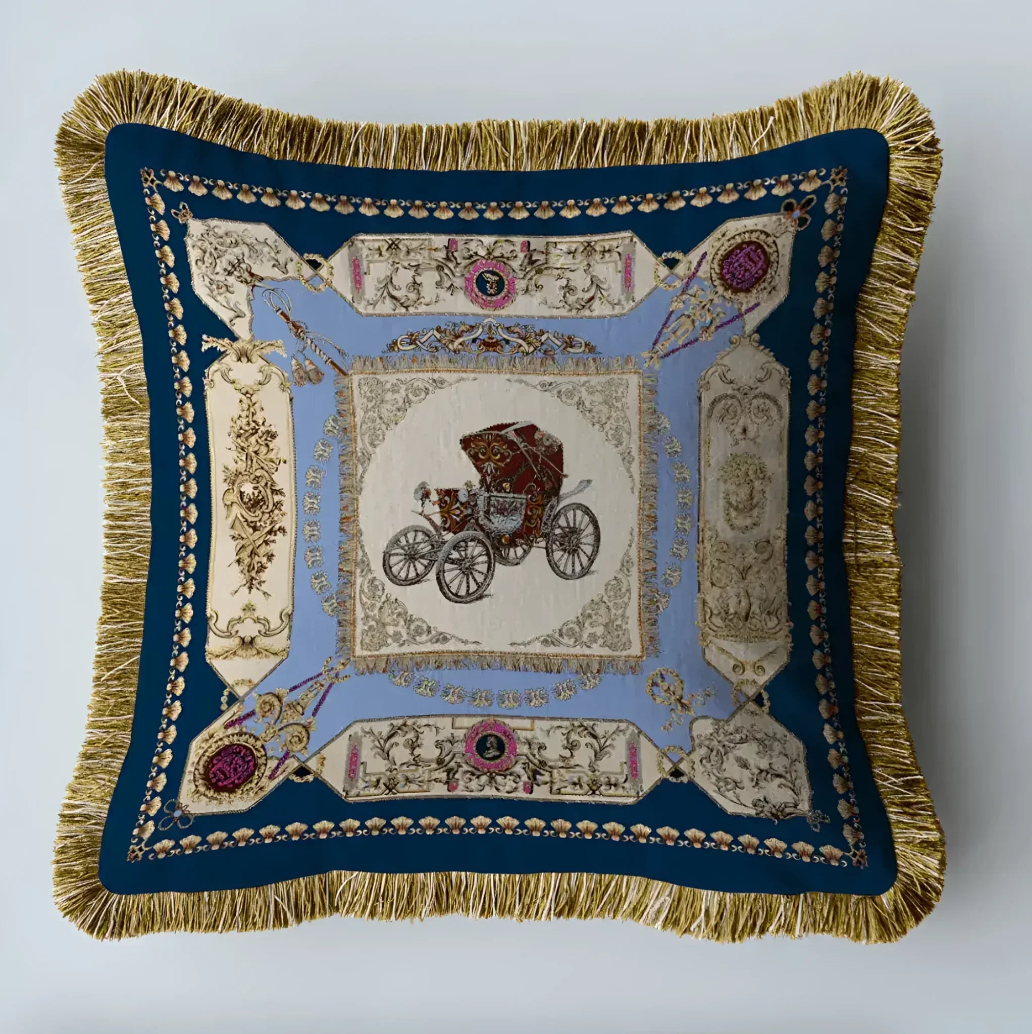 Royal Horse Cart Velvet Throw Pillow Cover with Fringes