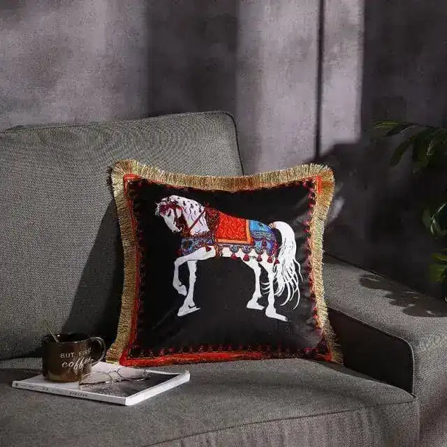 Royal White Horse Fringed Black Velvet Throw Cover