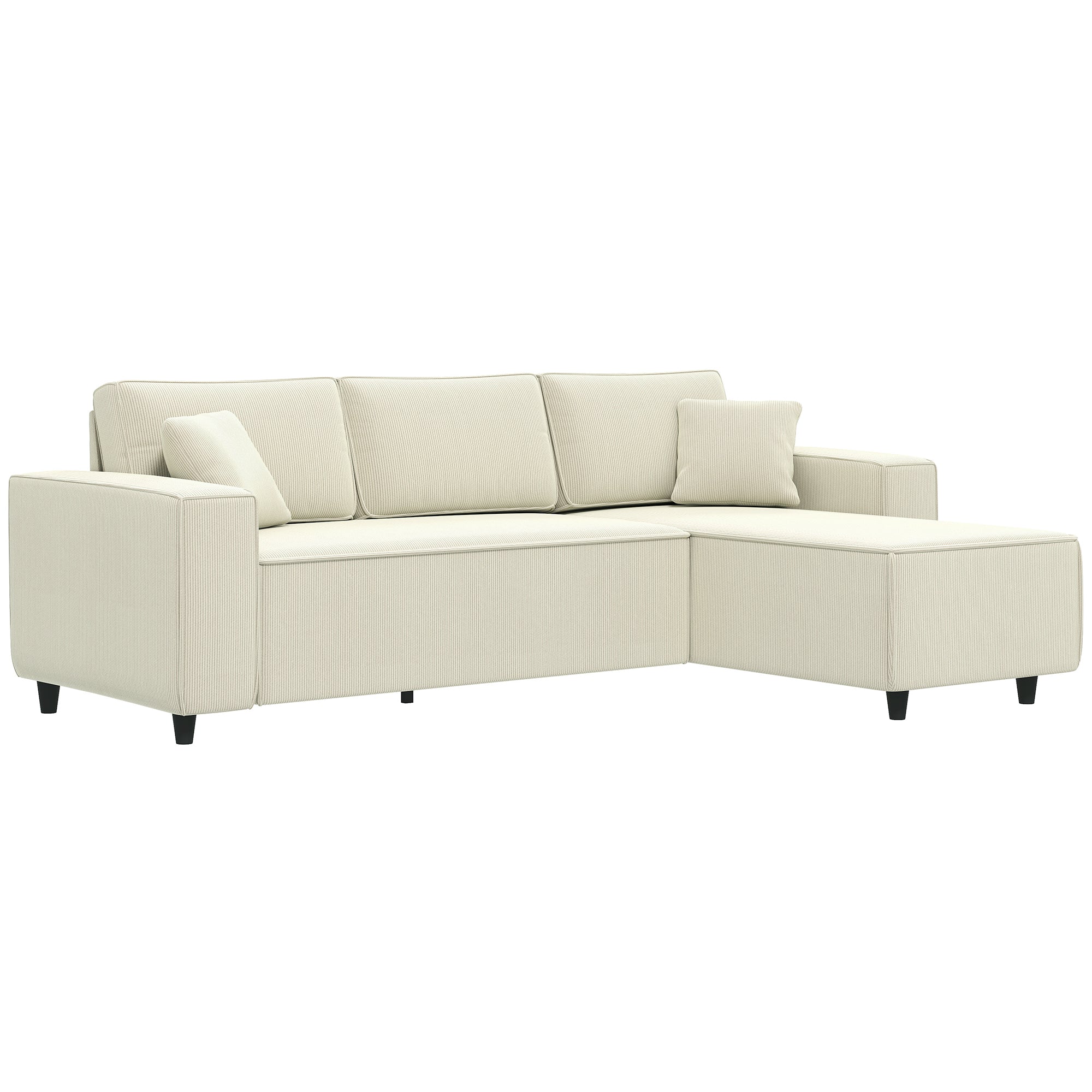 95" L-Shaped Corner Sofa with Corduroy Fabric, Thick Padded, 3 Seat Couch for Living Room, Cream White