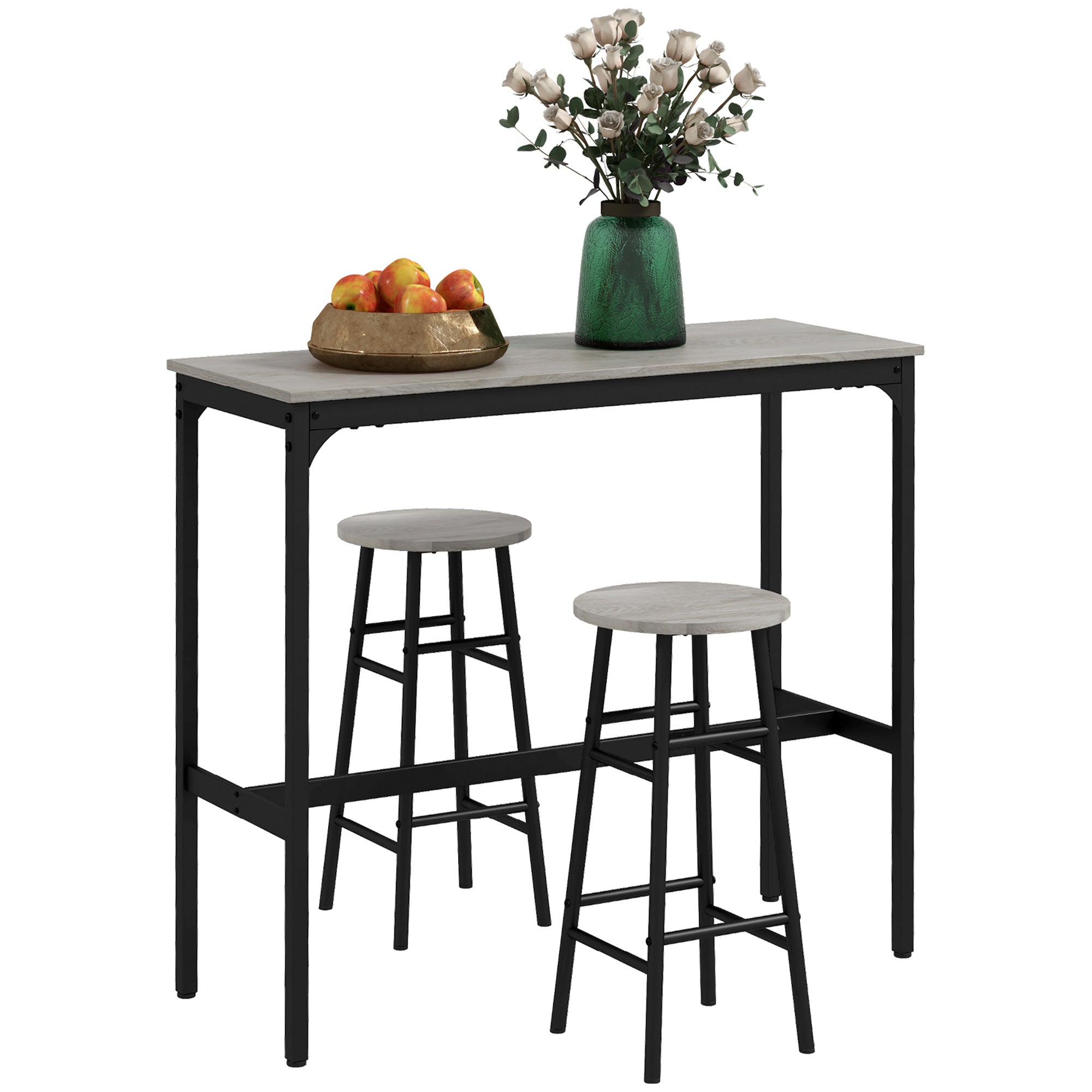 Industrial Bar Table and Stool Set of 2, Dining Table & Chair Set for Small Space, Grey