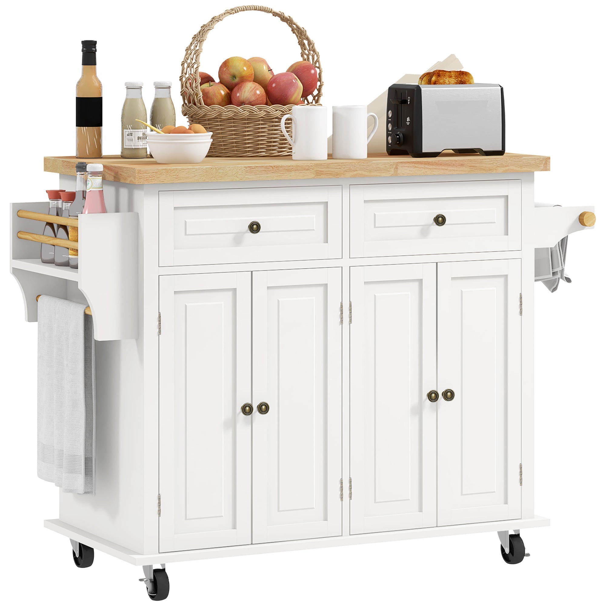 GlideSpace 44"W Butcher Block Cart, Movable Kitchen Island with Cabinets, Cream White