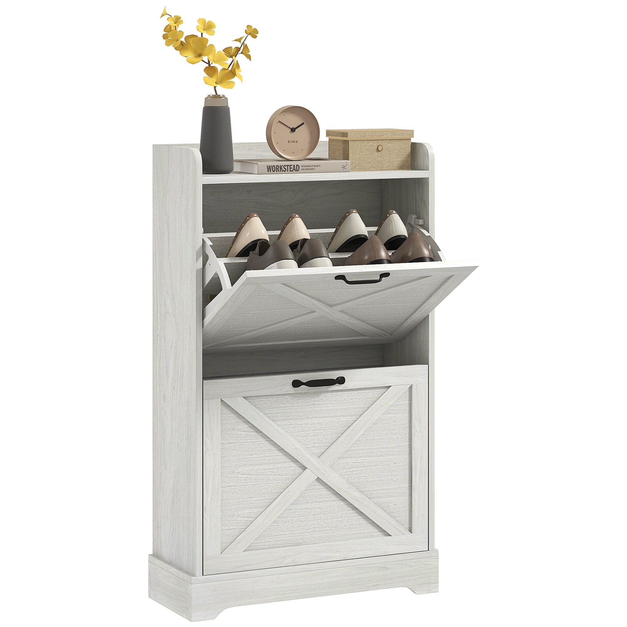Slim Shoe Storage Cabinet w/ 2 Drawers & Adjustable Shelves for 8 Pairs, Distressed White