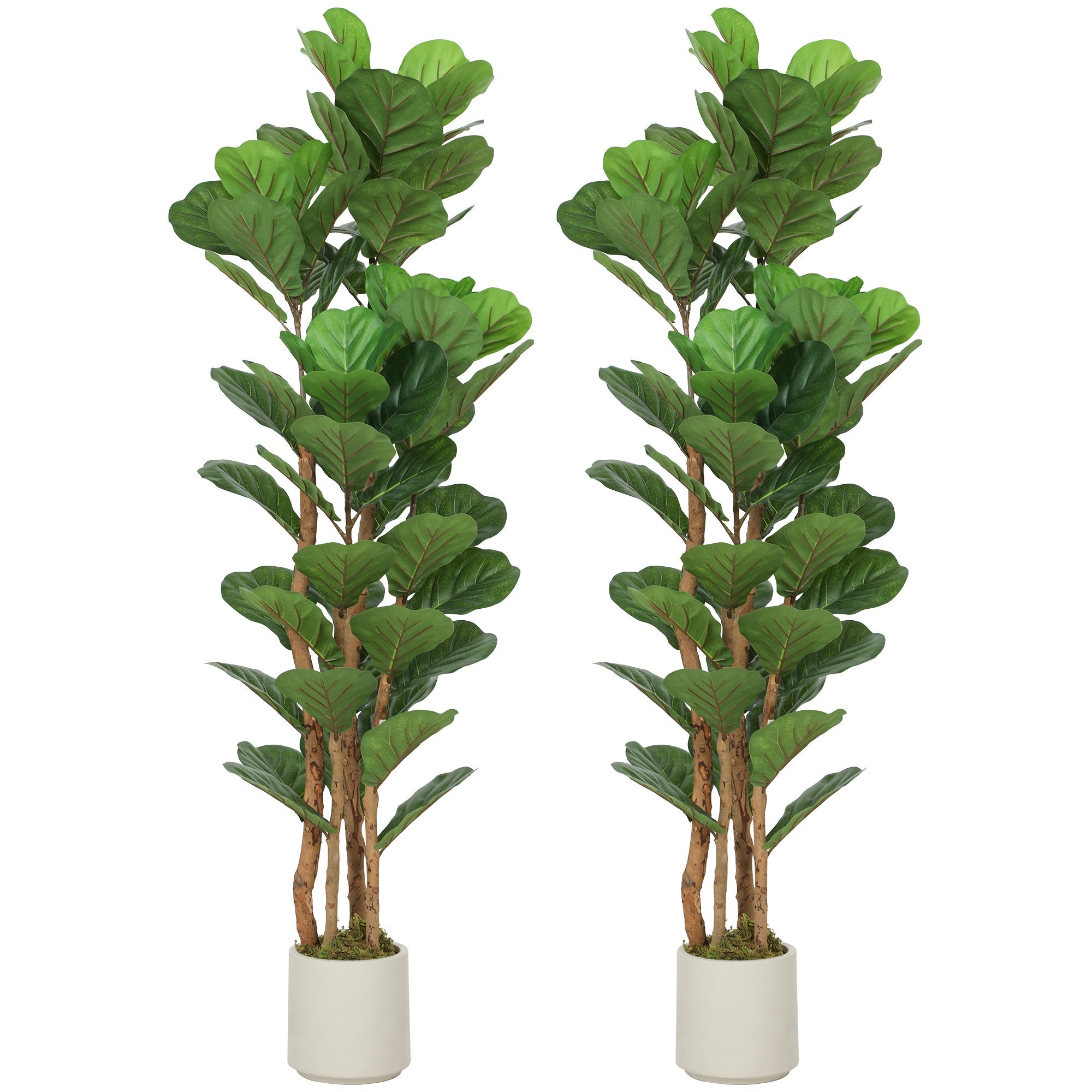 5FT Artificial Fiddle Leaf Fig Tree Set of 2 with Solid Wood Trunks, Lifelike Fake Tree with 71 Leaves in Pot, Green