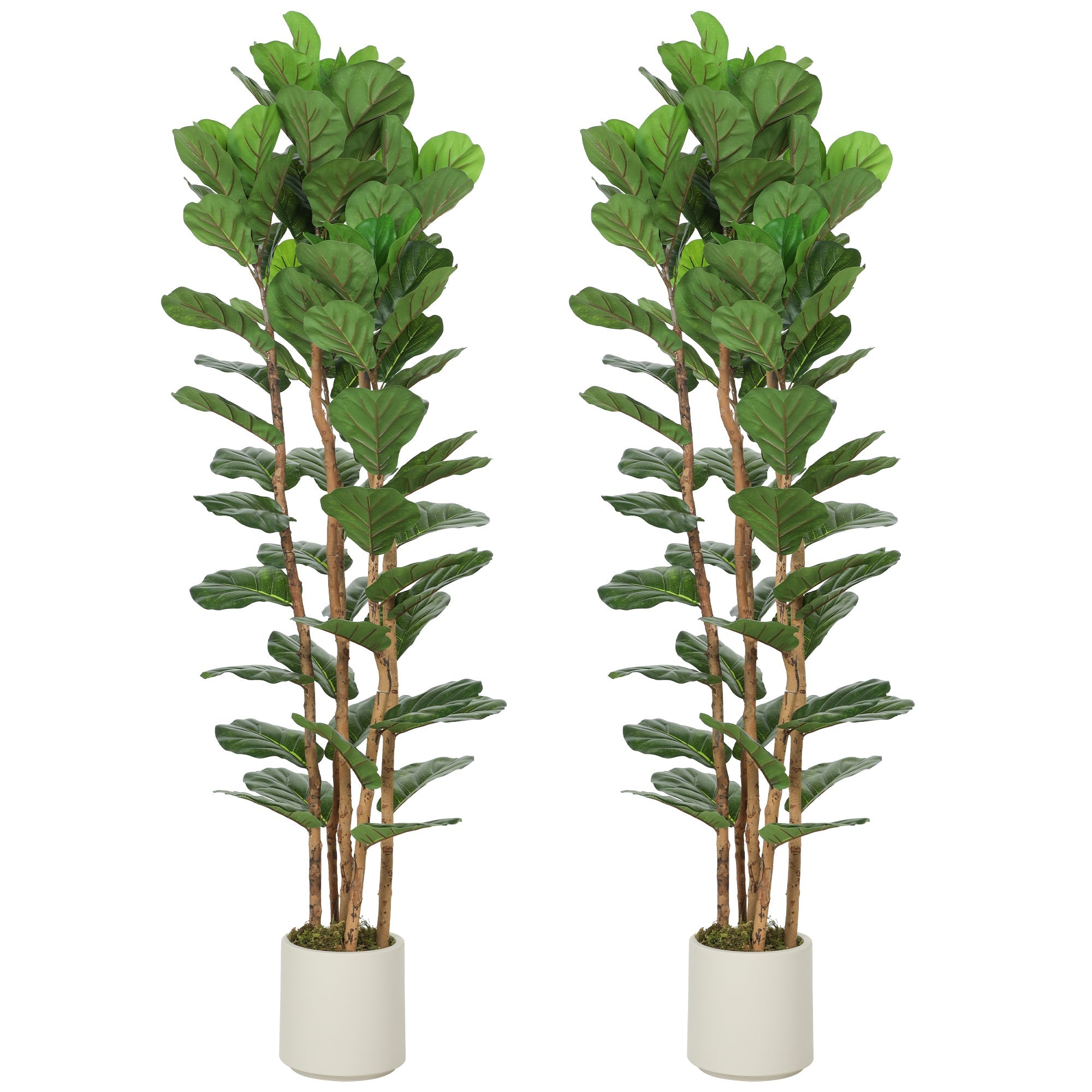 6FT Artificial Fiddle Leaf Fig Tree Set of 2 with Solid Wood Trunks, Lifelike Fake Tree with 91 Leaves in Pot, Green