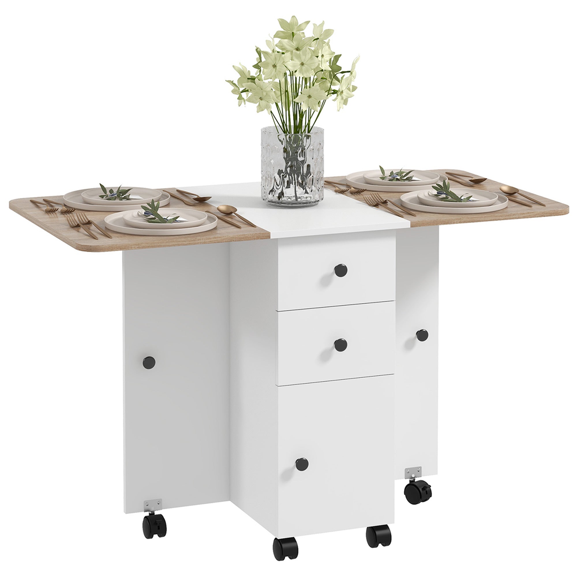 Folding Dining Table on Wheels for 4-6 with Storage Drawers, Cabinet, Oak and White