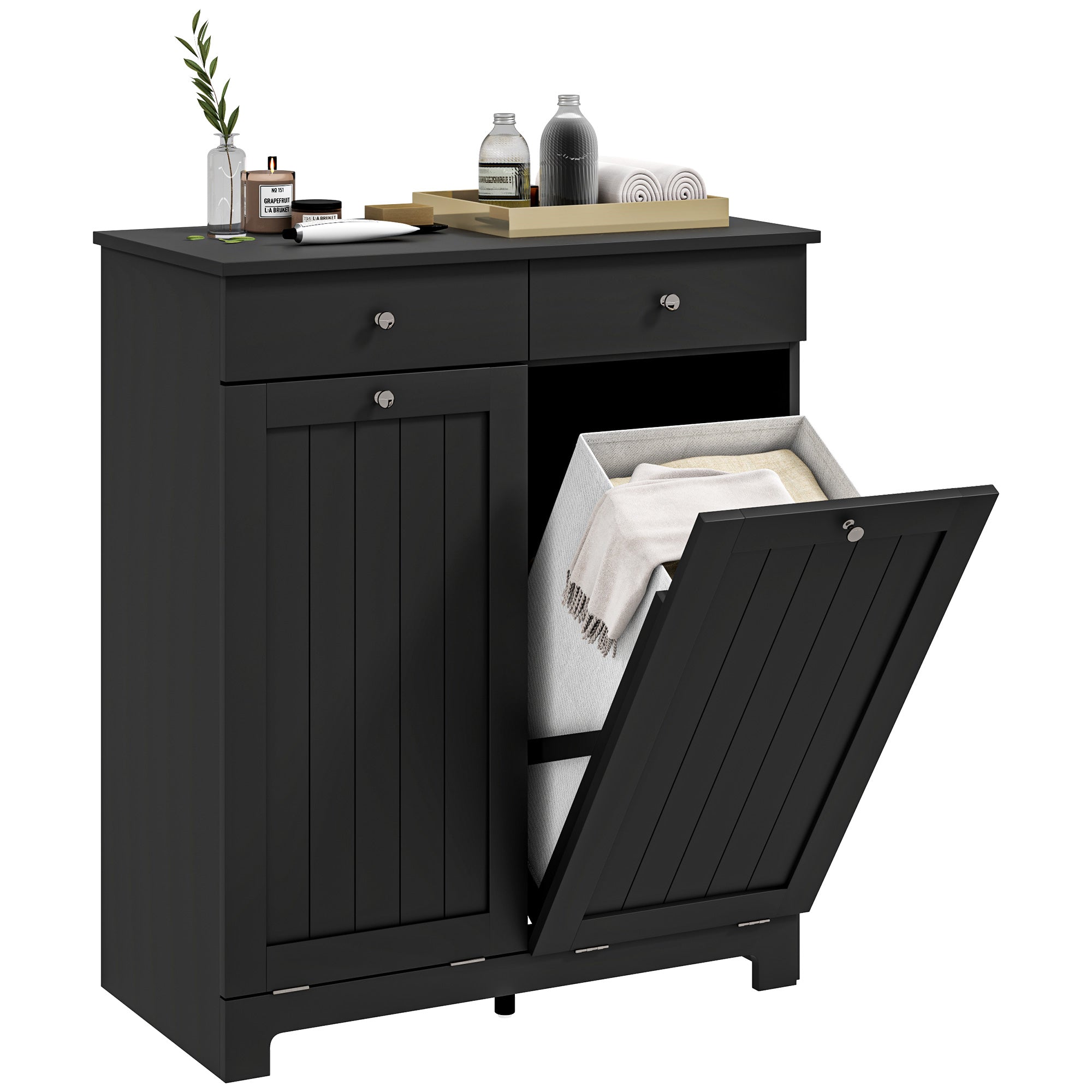 Laundry Hamper Cabinet with 2 Tilt-Out Baskets and 2 Drawers, Black