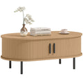 Mid-Century Coffee Table with Sliding Tambour Doors and Storage, Natural Wood