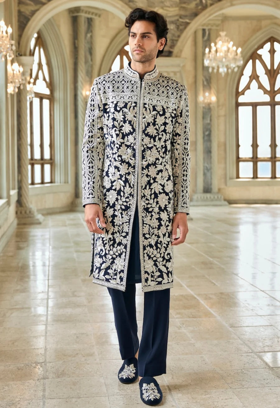 Chapelle Navy & Silver Sherwani Set By KYNAH, Luxury Indian Fashion & Bridal Wear