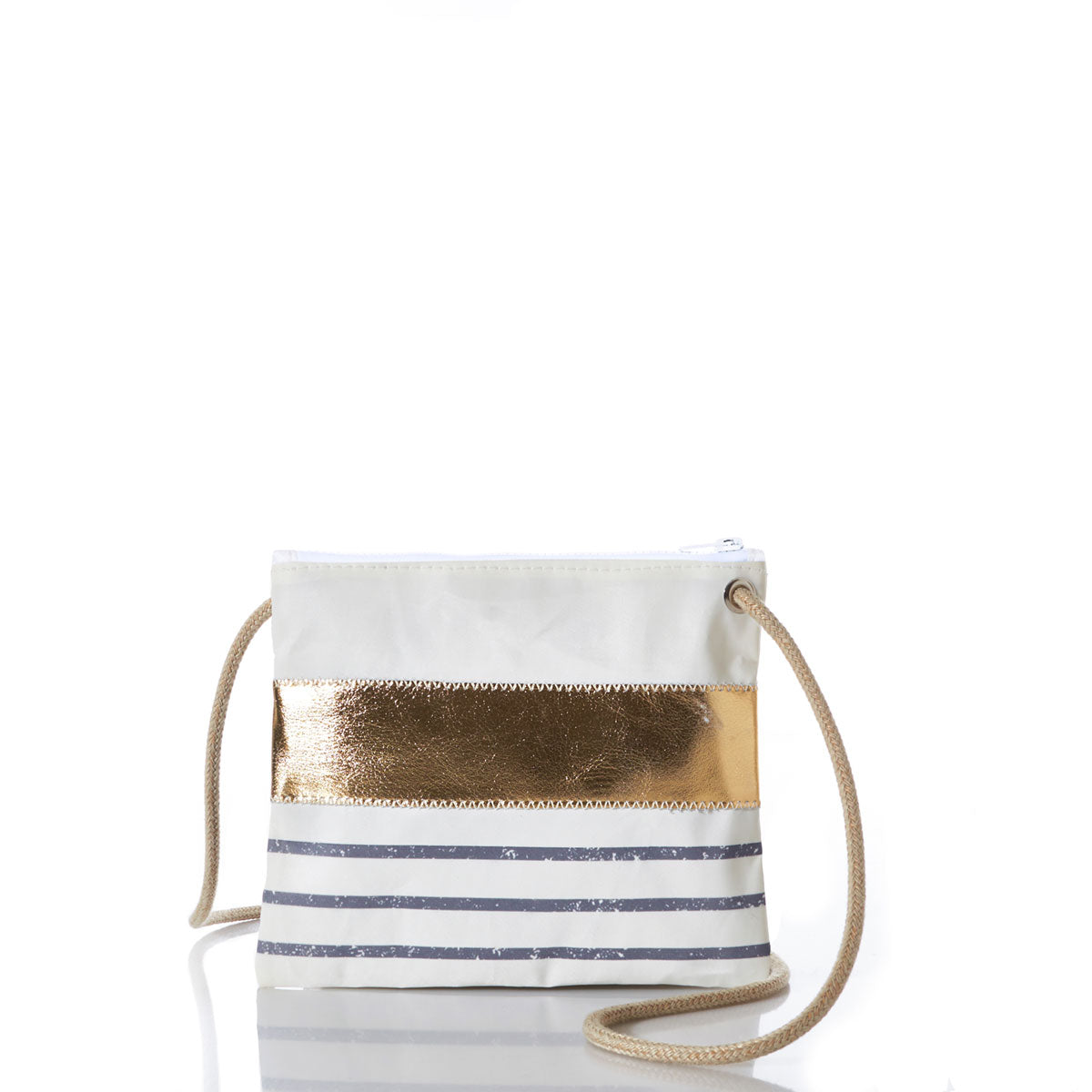 Grey Mariner Stripe Slim Crossbody Bag Handmade in Maine from Recycled Sails