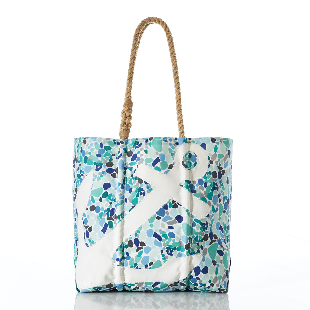 White Anchor on Sea Glass Print Medium Tote Handmade in Maine from Recycled Sails