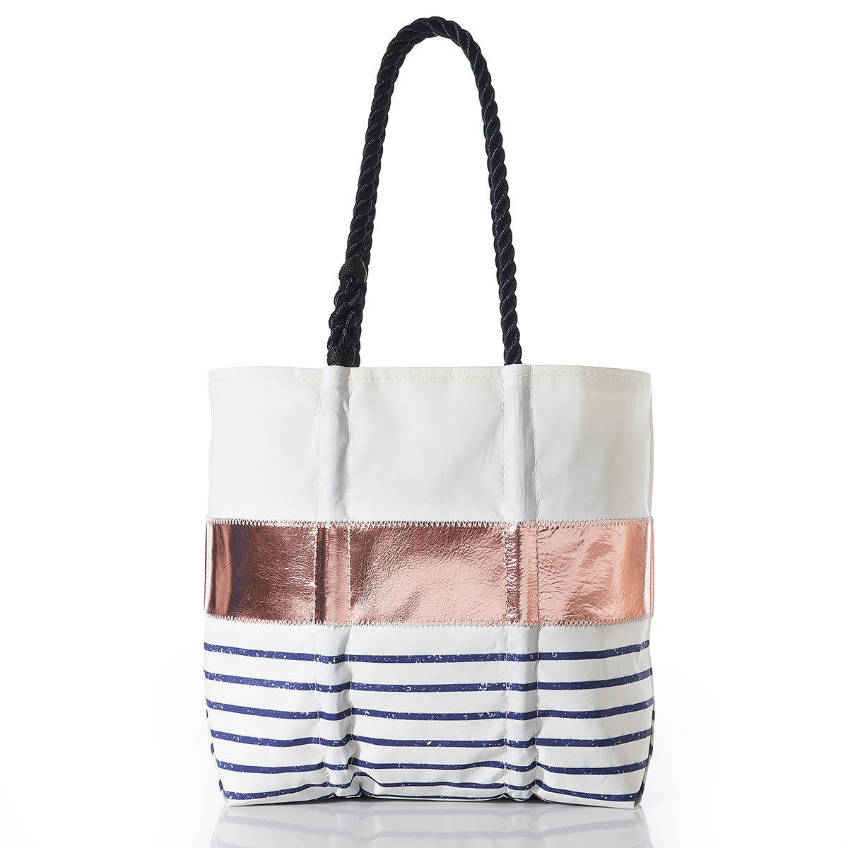Rose Gold-on-Navy Mariner Stripe Medium Tote Handmade in Maine from Recycled Sails